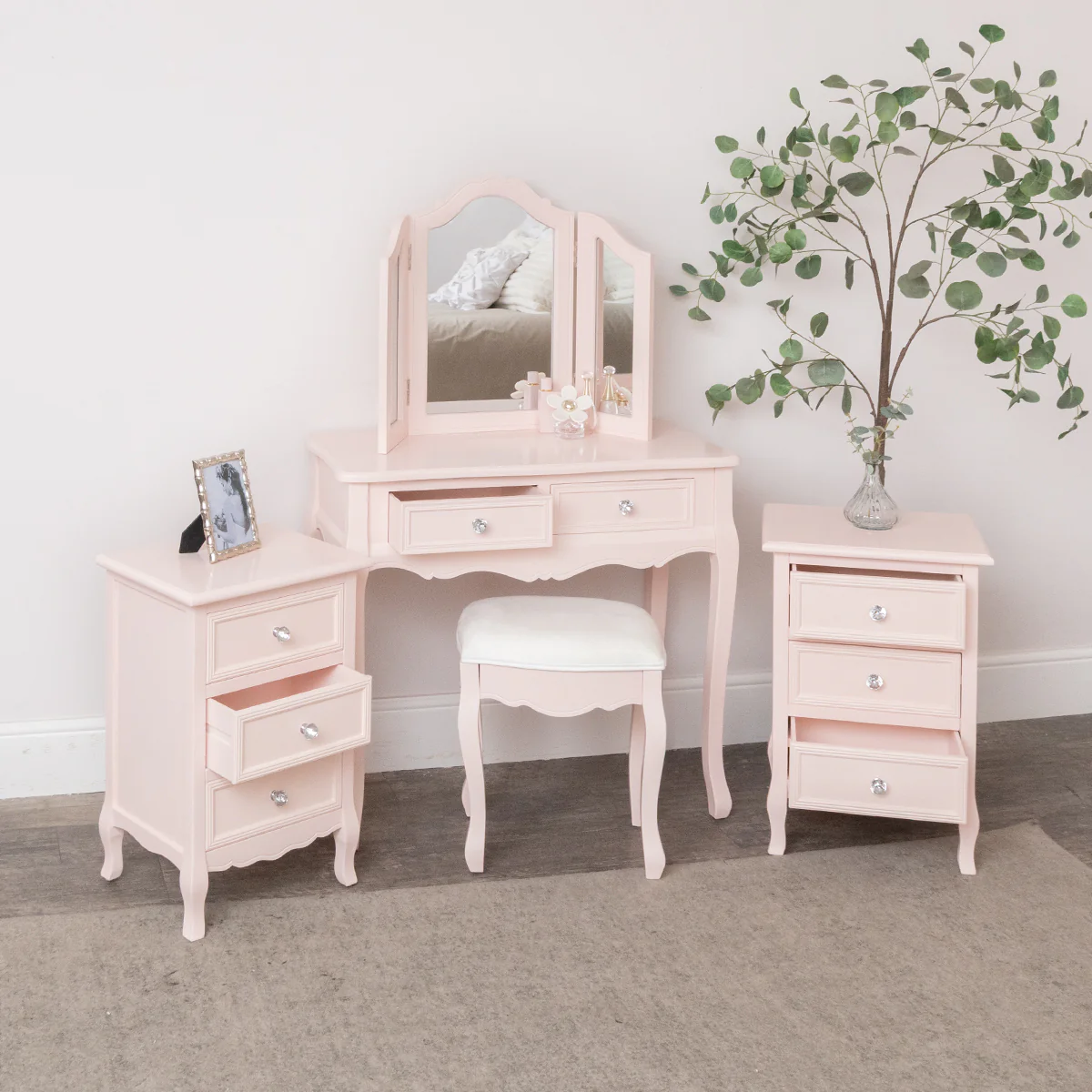Pink Dressing Table, Mirror, Stool & Pair Bedside Tables - Sophia Pink Range - Image 2