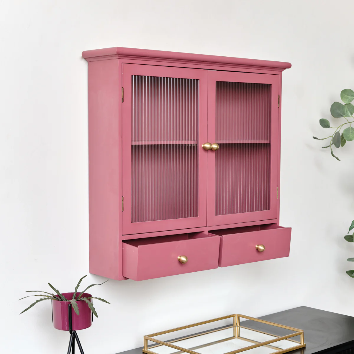 Raspberry Red Reeded Glass Wall Cabinet with Drawers - Image 3