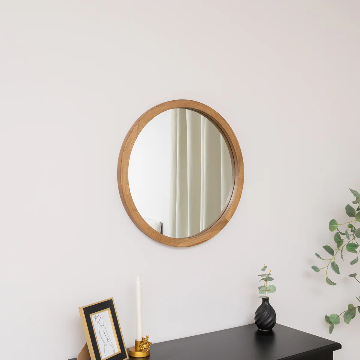 Round Dark Wood Frame Mirror - 55cm - Image 5
