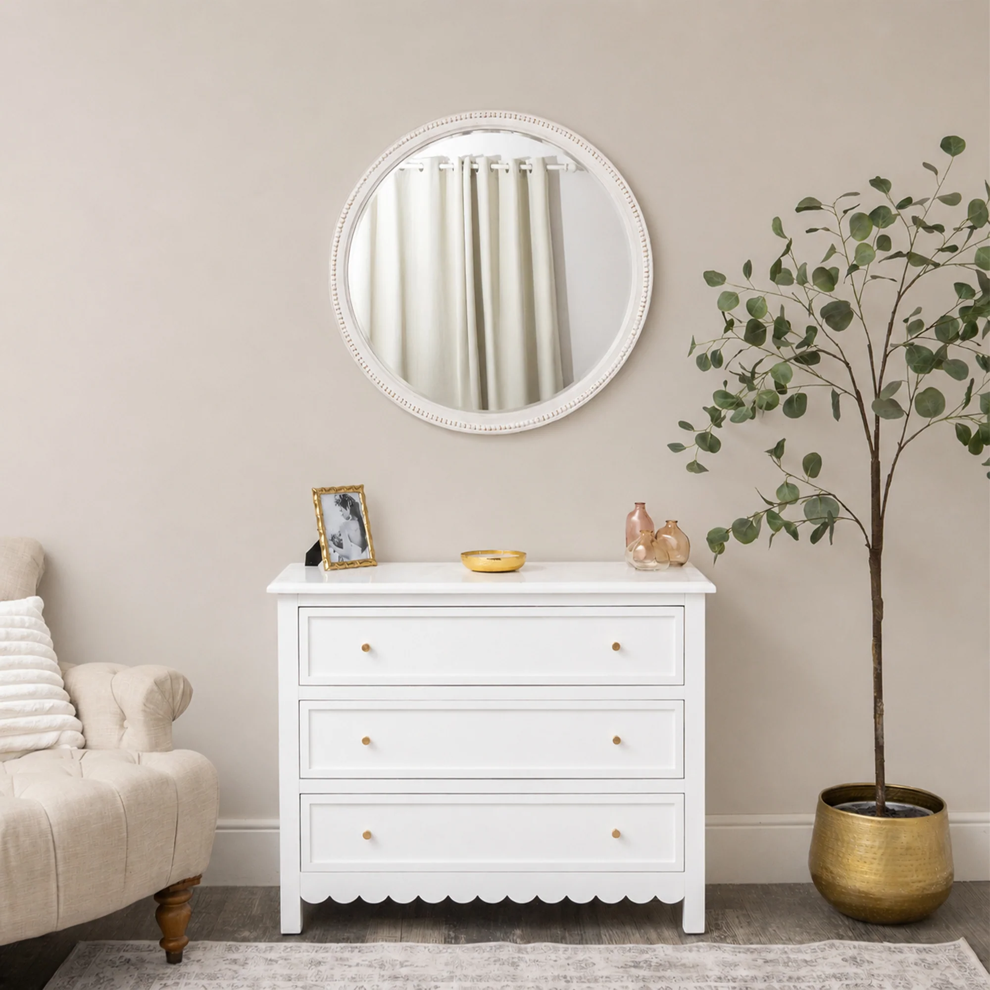 Round Distressed White Washed Wooden Bobbin Detailed Wall Mirror - 80cm x 80cm - Image 5