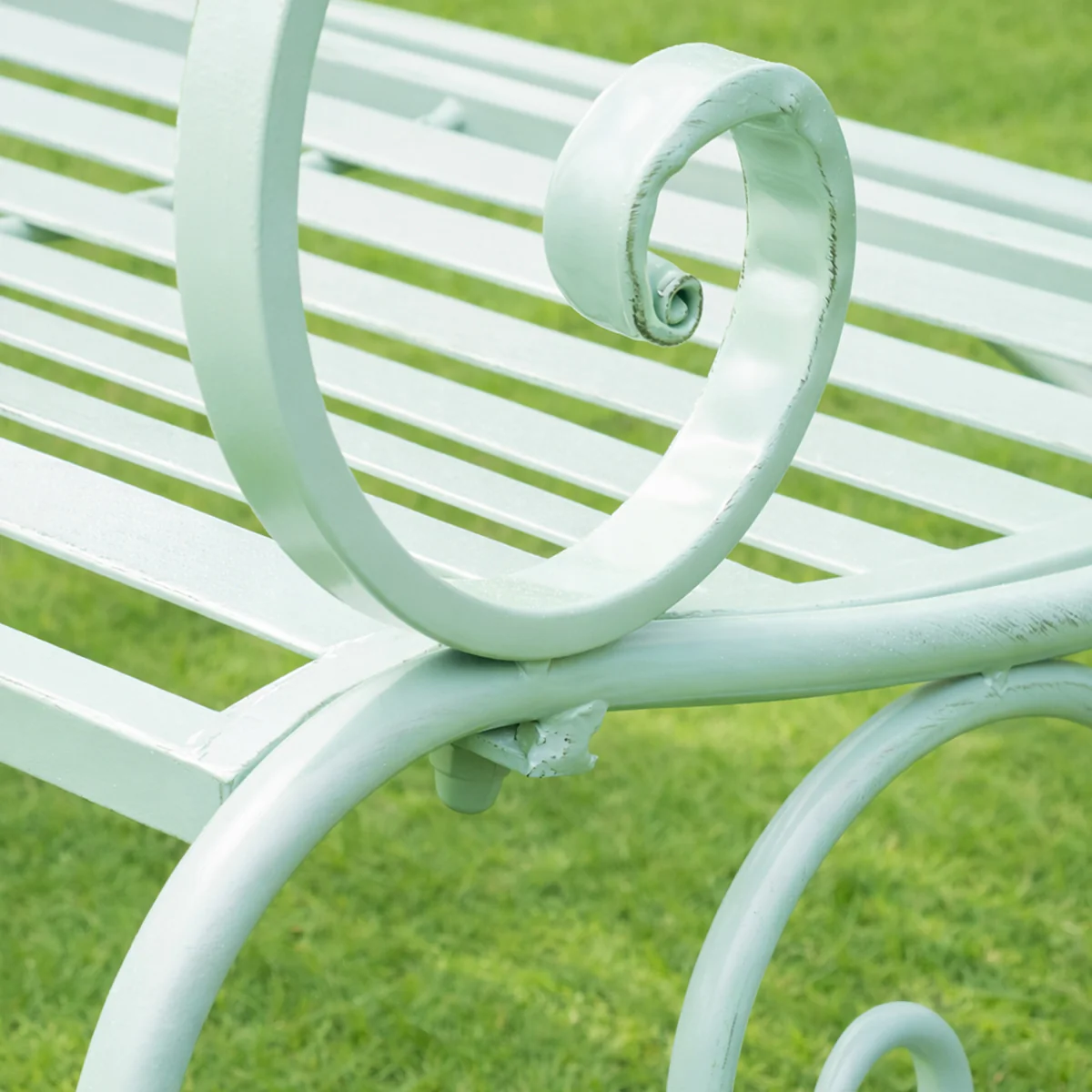 Sage Green Metal Ornate Distressed Garden Bench - 100cm x 92cm - Image 2