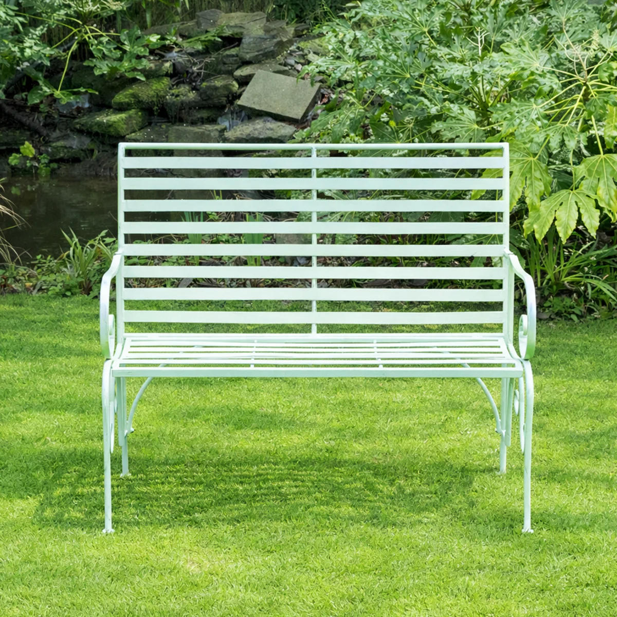 Sage Green Metal Ornate Distressed Garden Bench - 100cm x 92cm - Image 4