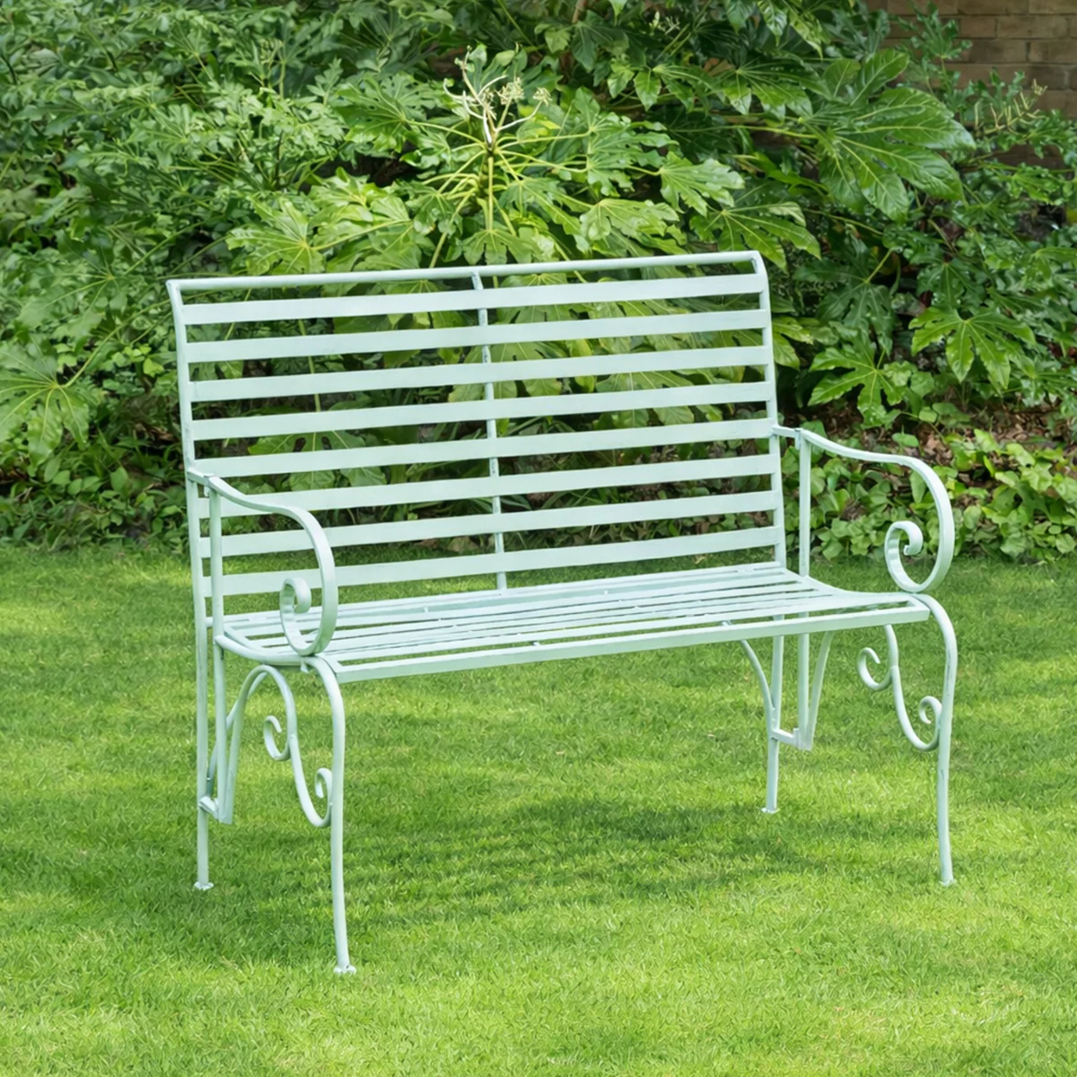 Sage Green Metal Ornate Distressed Garden Bench - 100cm x 92cm - Image 5
