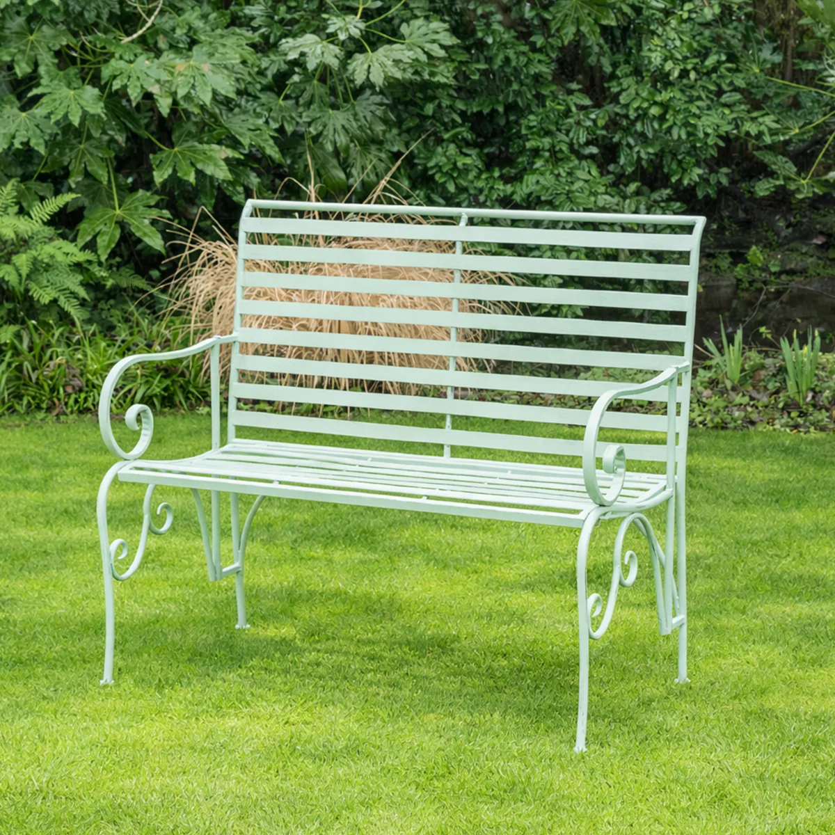 Sage Green Metal Ornate Distressed Garden Bench - 100cm x 92cm - Image 6