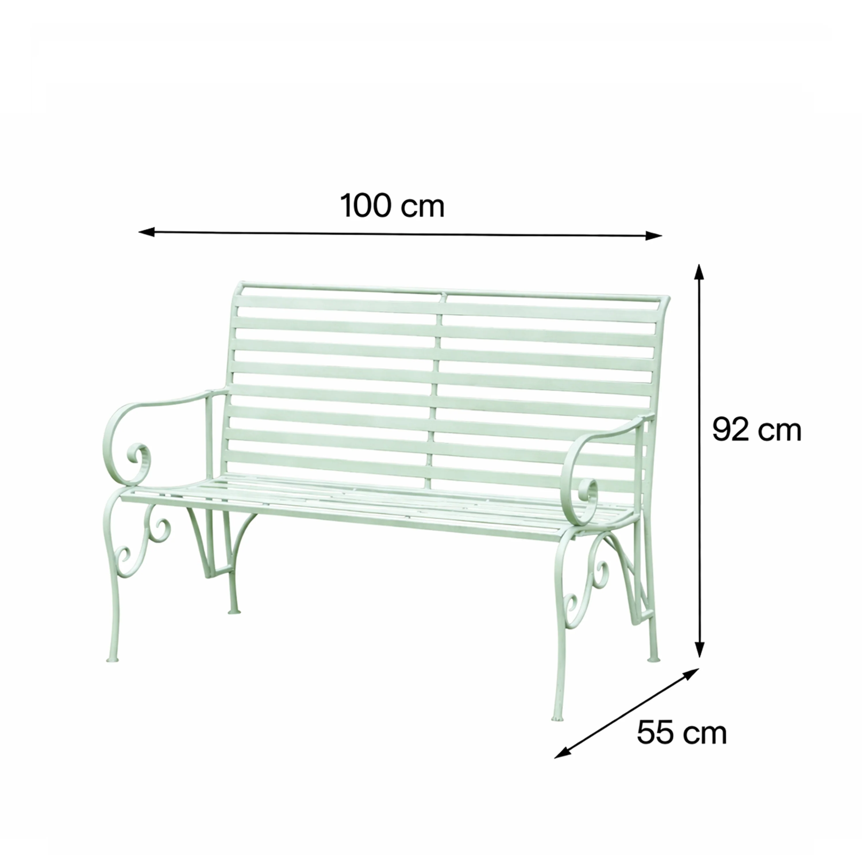 Sage Green Metal Ornate Distressed Garden Bench - 100cm x 92cm - Image 7