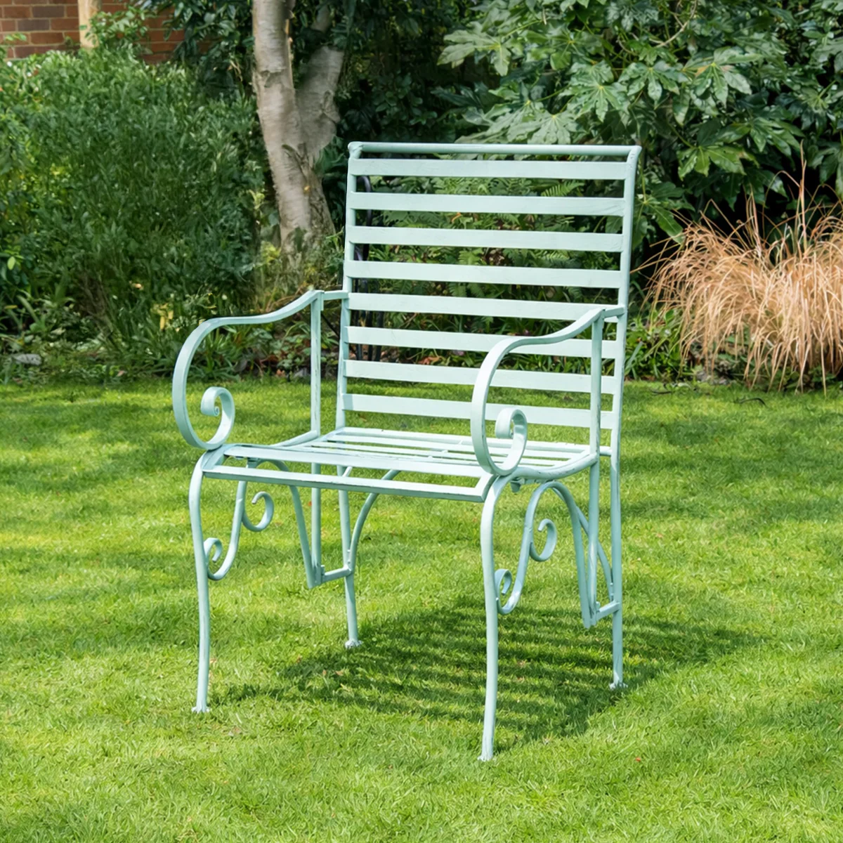Ornate Metal Sage Green Garden Chair - 55cm x 92cm - Image 4
