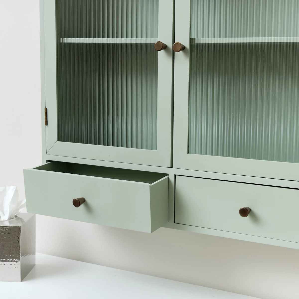 Sage Green Reeded Glass Wall Cabinet with Drawers - Image 3