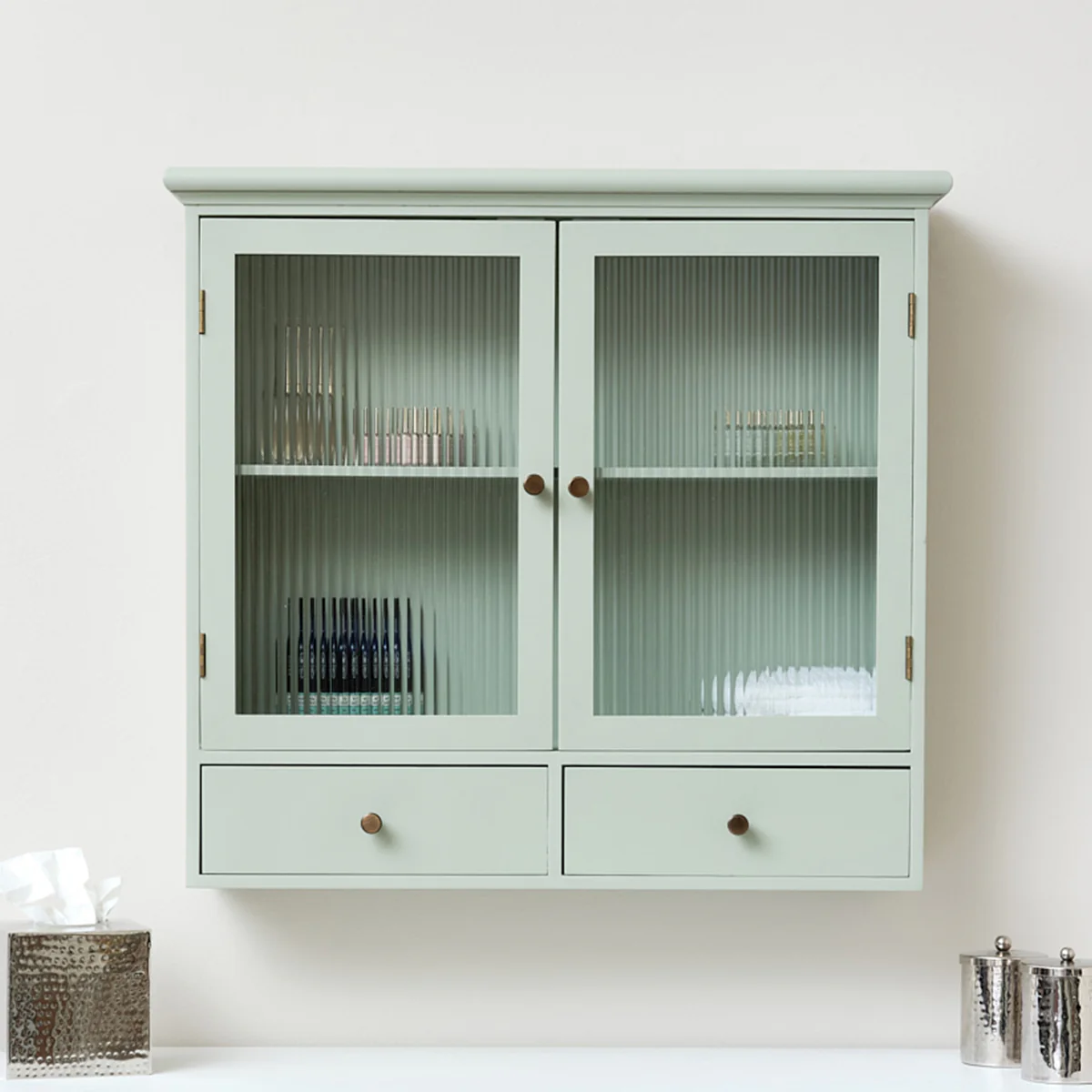 Sage Green Reeded Glass Wall Cabinet with Drawers - Image 6