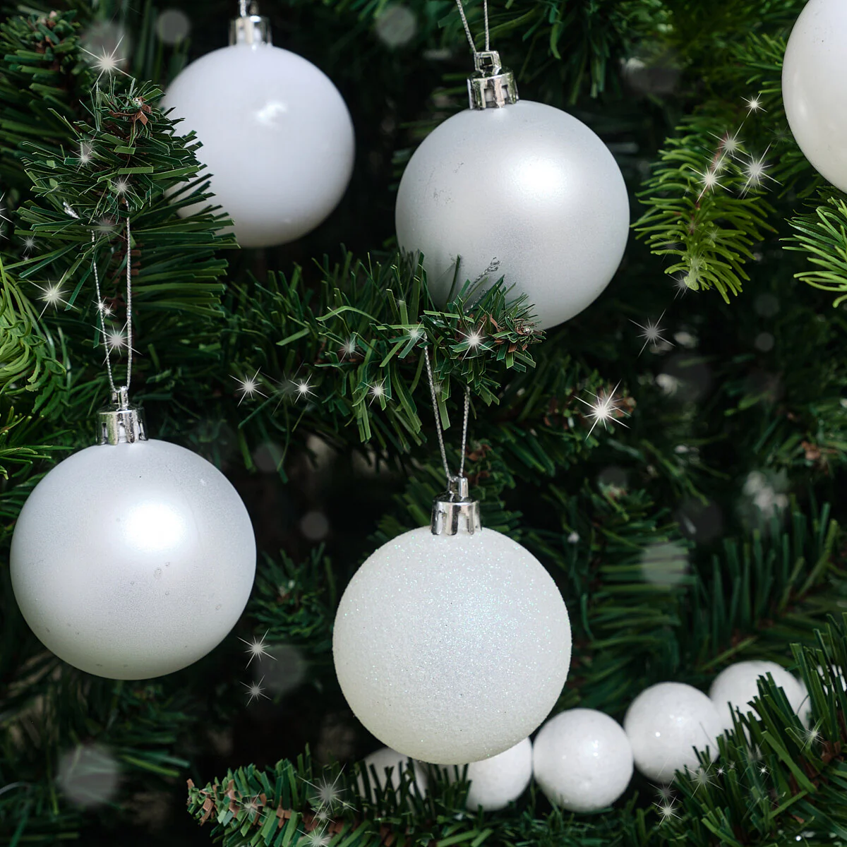 Set of 10 Mixed Glitter White and Silver Baubles - 6cm - Image 2