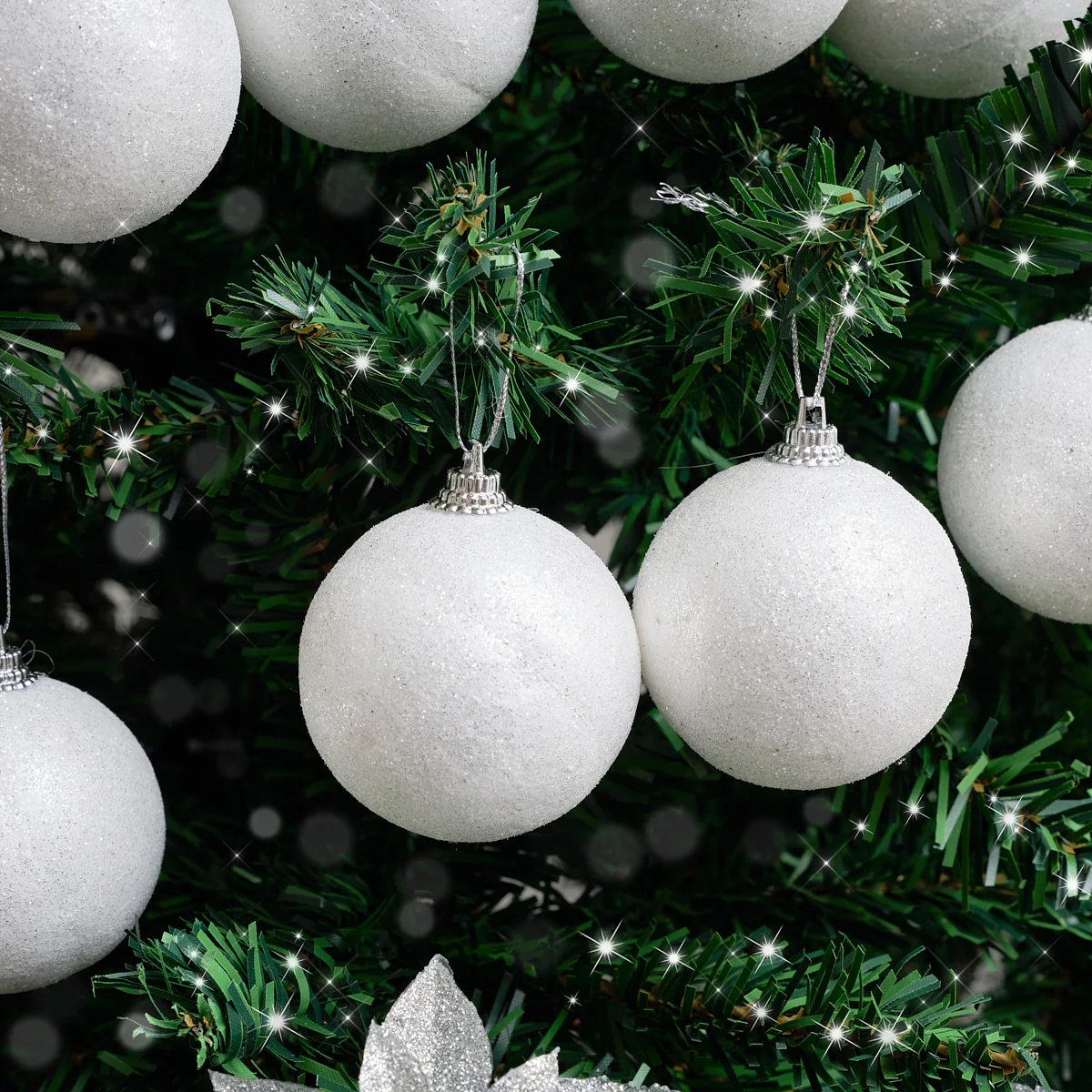 Set of 10 White Snowball Glitter Baubles - Image 2