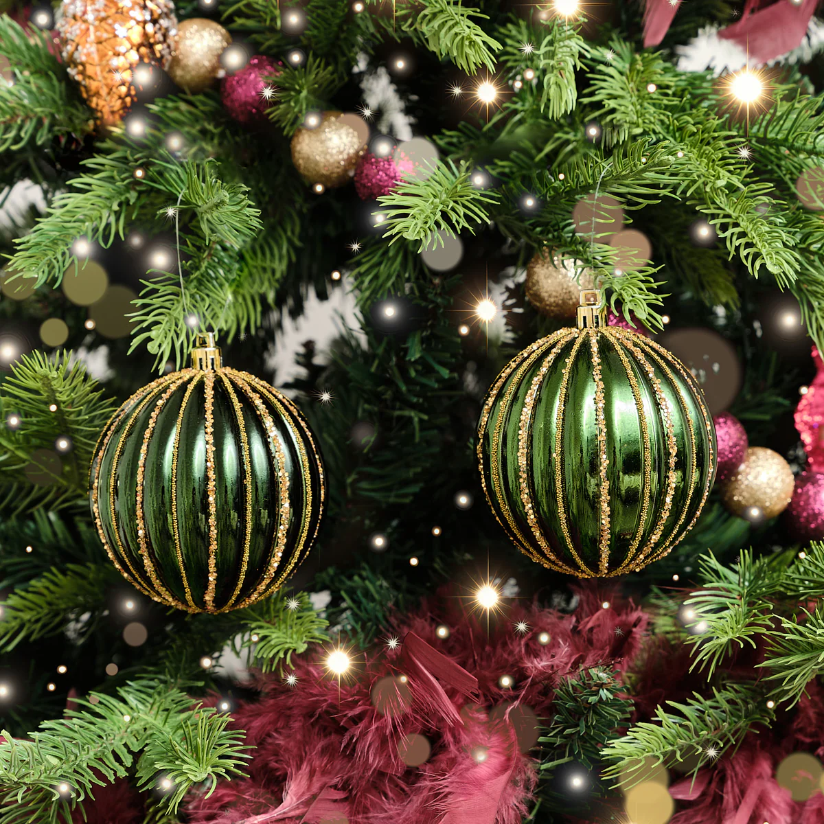 Set of 2 Green Glitter Striped Reeded Hanging Baubles - 8cm