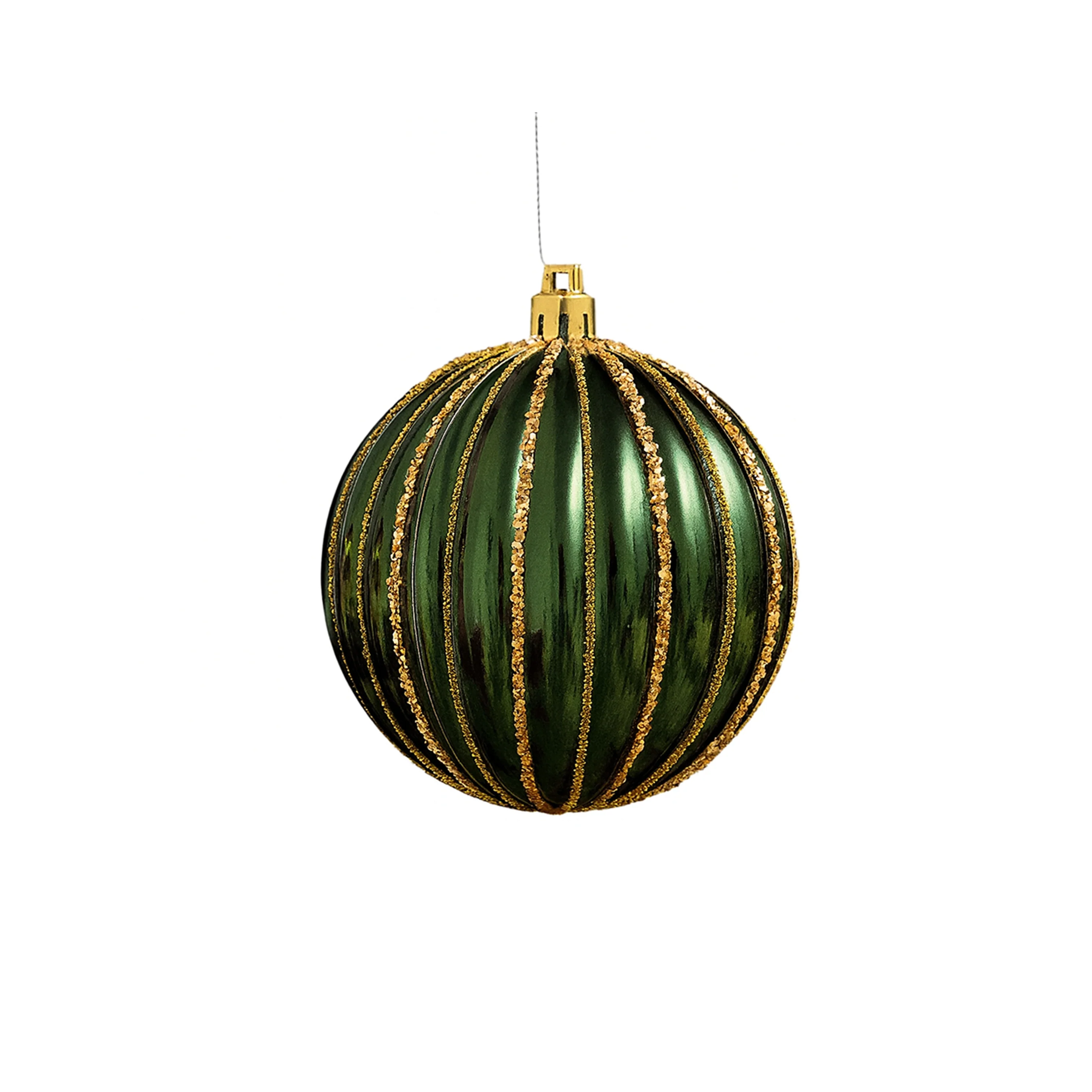 Set of 2 Green Glitter Striped Reeded Hanging Baubles - 8cm - Image 6