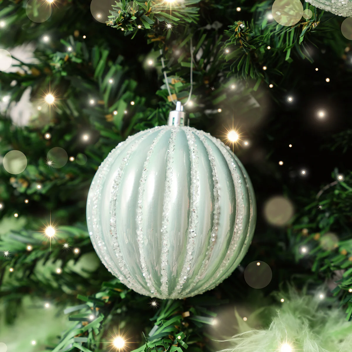 Set of 2 Icy Blue Glitter Striped Reeded Hanging Baubles - 8cm - Image 2