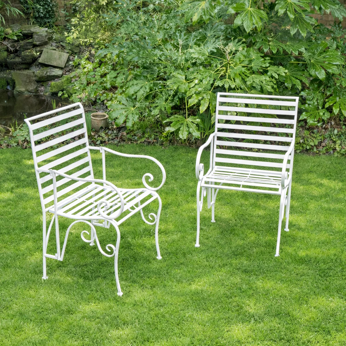 Set of 2 Ornate Metal Distressed White Garden Chairs - 55cm x 92cm - Image 8