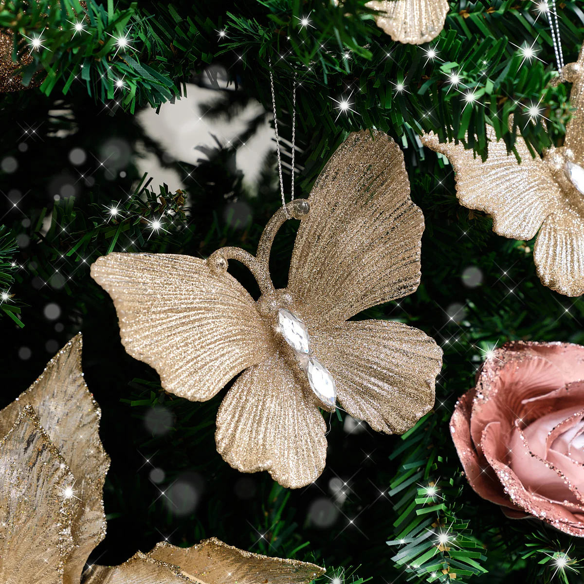 Set of 3 Champagne Gold Glitter Jewelled Butterfly Christmas Decorations - 10cm - Image 3