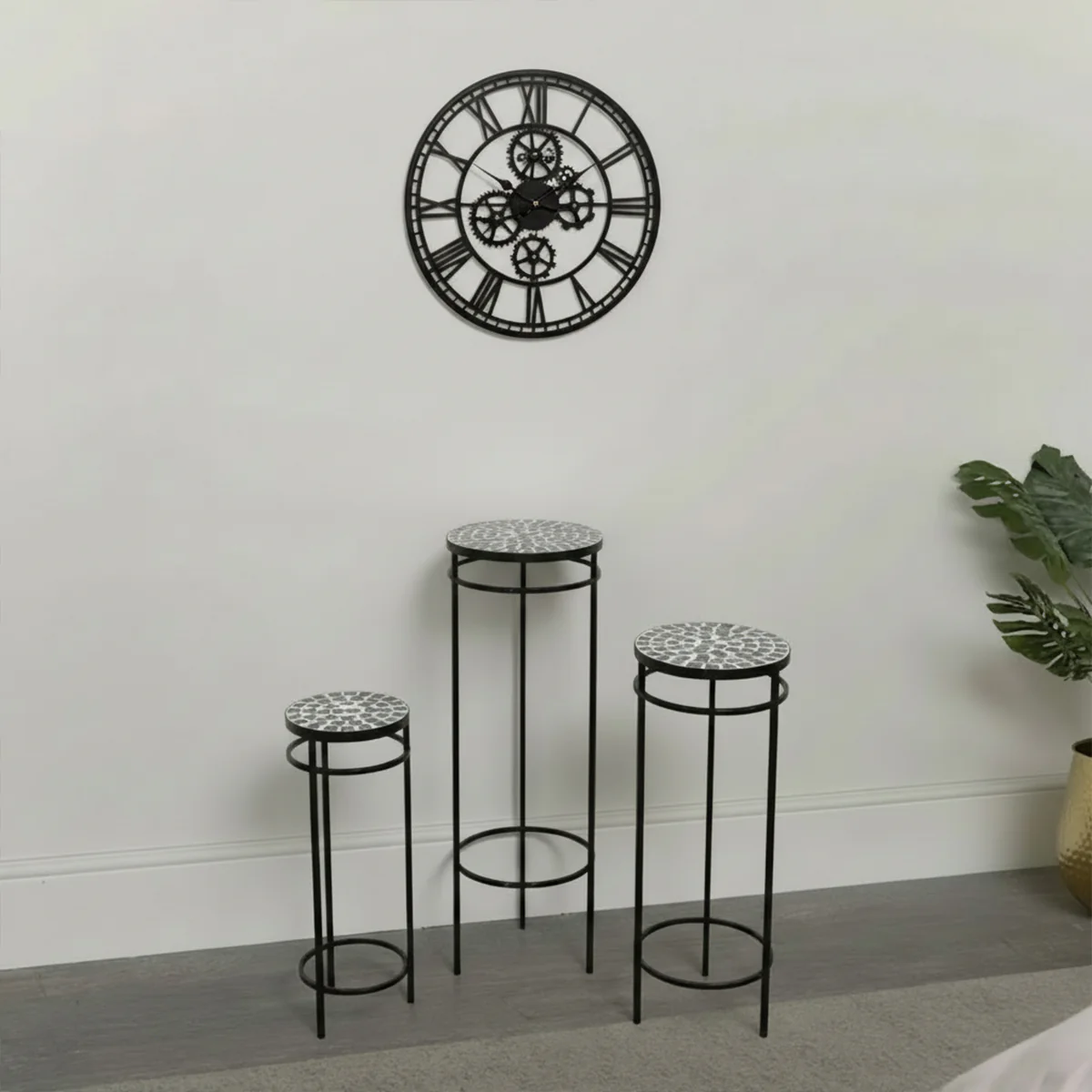 Set Of 3 Metal Black & White Mosaic Style Side Tables - Image 3