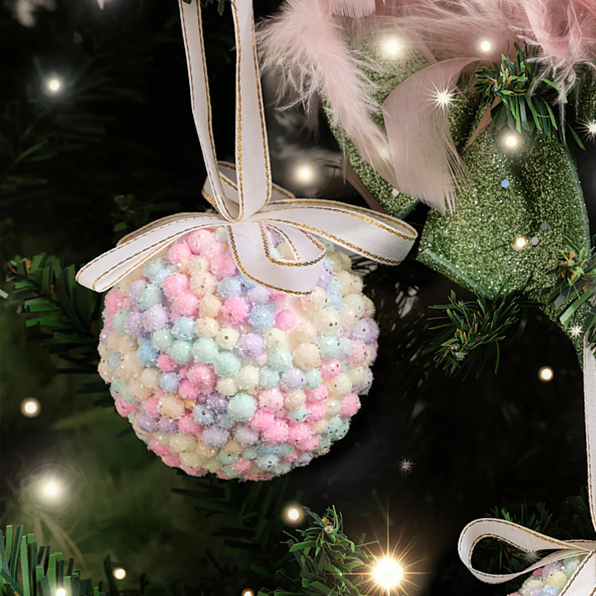 Set of 3 Mutlicoloured Pastel Beads Bauble - 8cm - Image 2