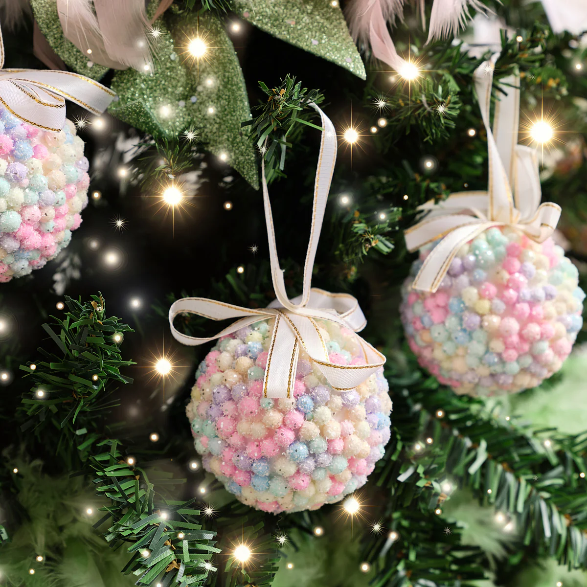 Set of 3 Mutlicoloured Pastel Beads Bauble - 8cm - Image 3