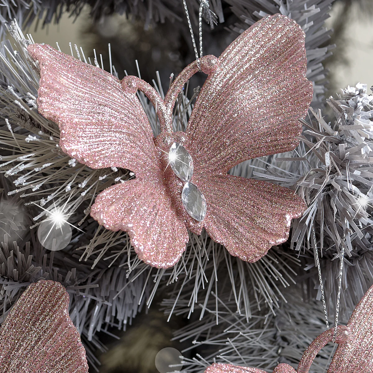 Set of 3 Pink Glitter Jewelled Butterfly Christmas Decorations - 10cm - Image 2