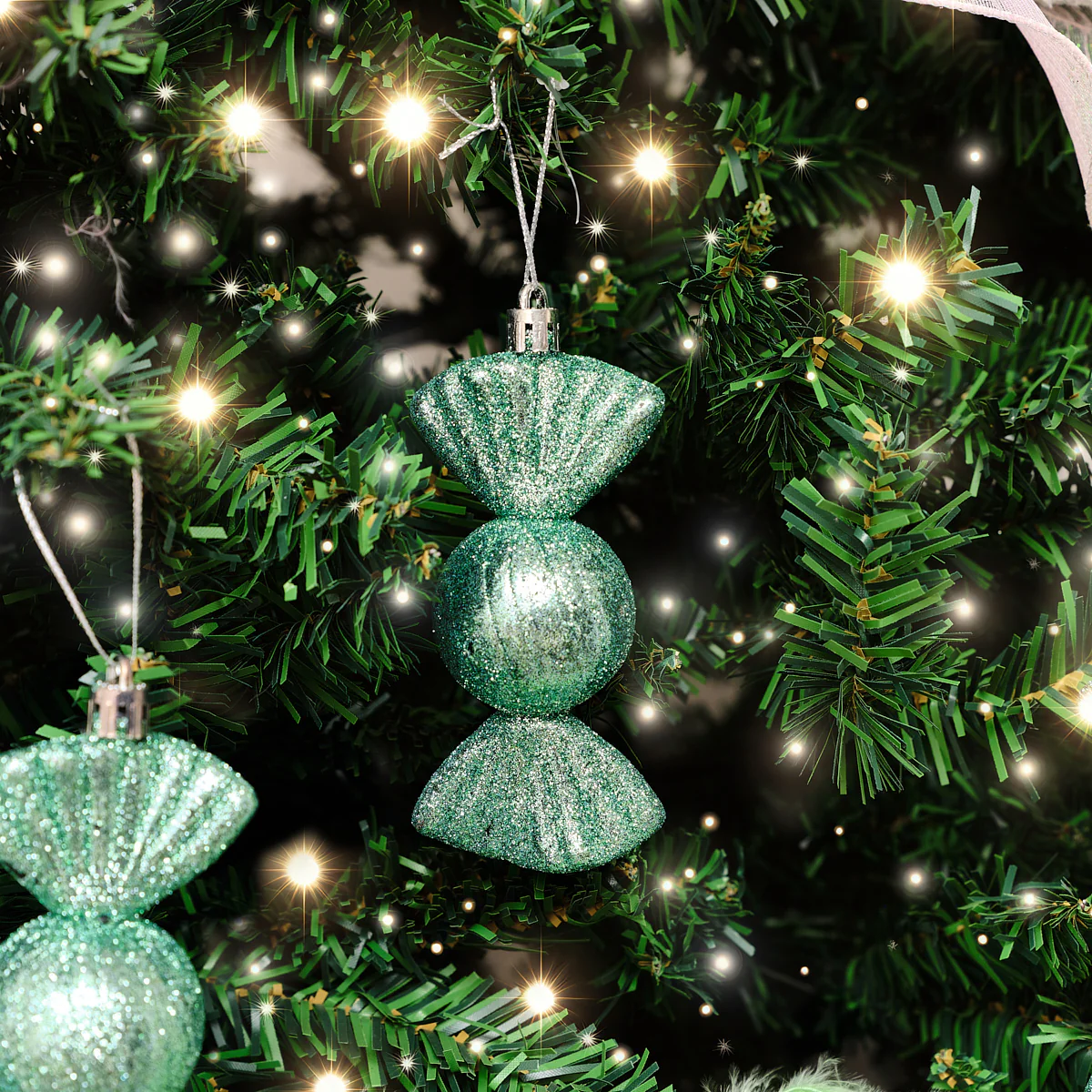 Set of 3 Sage Green Glitter Sweet Shaped Bauble Decorations - 11cm - Image 3