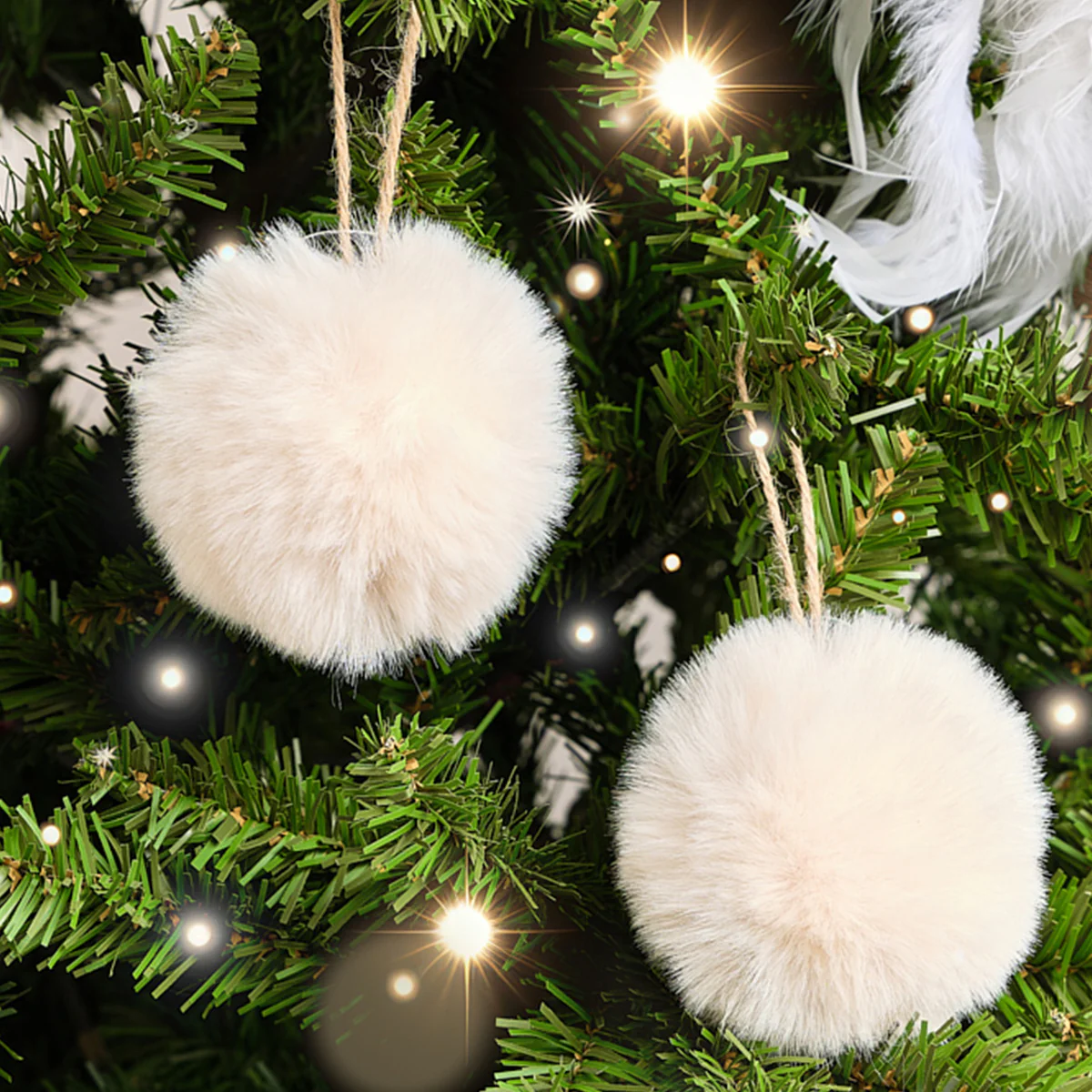 Set of 3 Small Cream Faux Fur Baubles - 7.5cm - Image 3