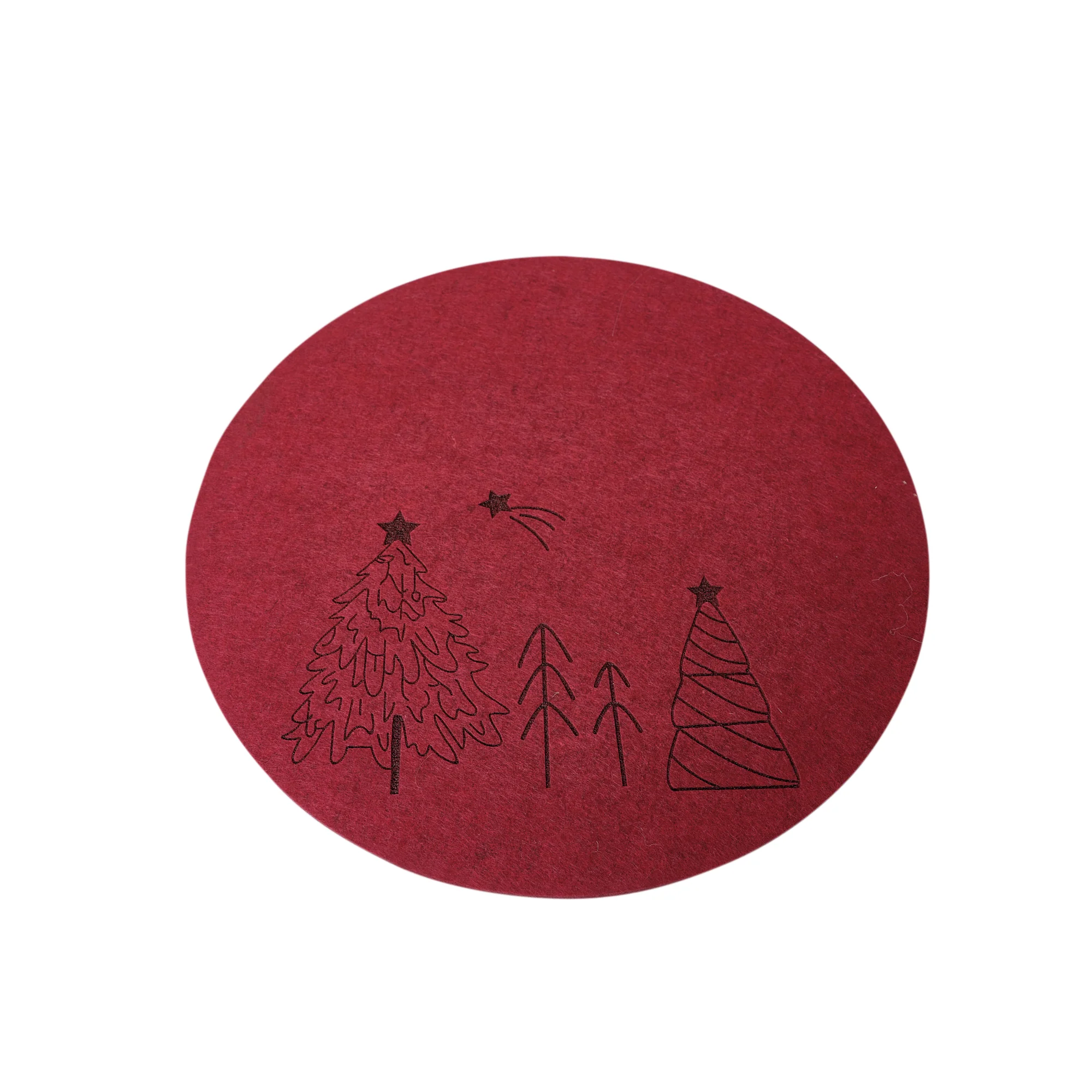Set of 4 Dark Red Round Felt Placemats with Tree Detail - Image 6