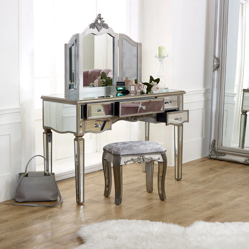 Silver Mirrored Double Wardrobe & Large Dressing Table Set - Tiffany Range - Image 2