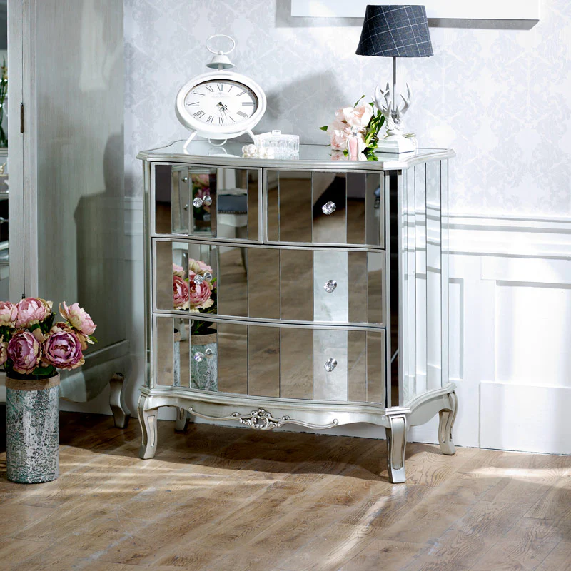 Silver Mirrored Double Wardrobe, Chest of Drawers, Dressing Table Set & 3 Drawer Bedside Tables - Tiffany Range - Image 4