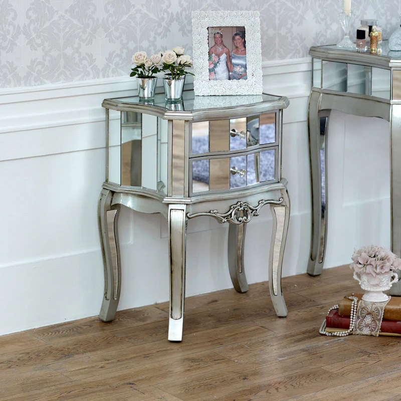 Silver Mirrored Chest of Drawers, Large Dressing Table Set & 2 Drawer Bedside Tables - Tiffany Range - Image 3