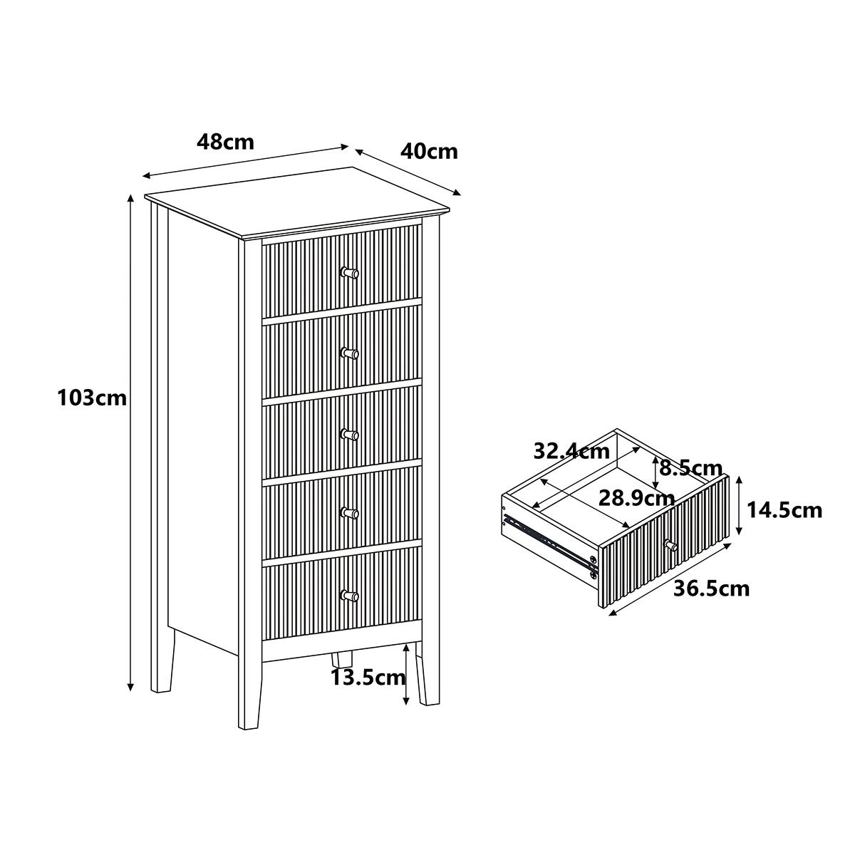 Tall 5 Drawer Bedside Table - Hales Black Range - Image 5