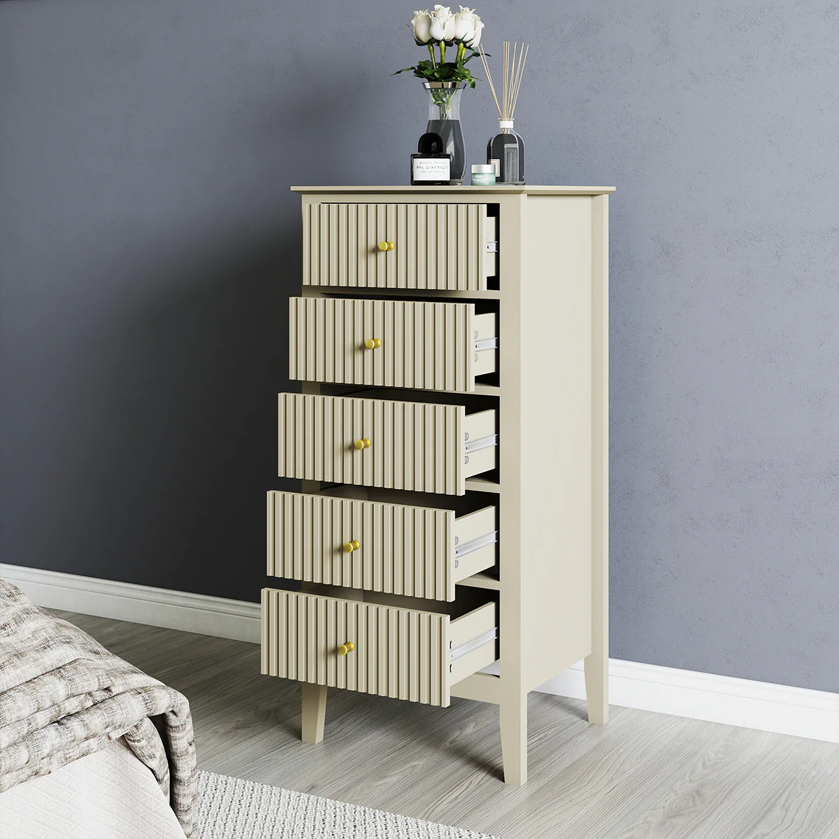 Tall 5 Drawer Bedside Table - Hales Taupe Range - Image 3