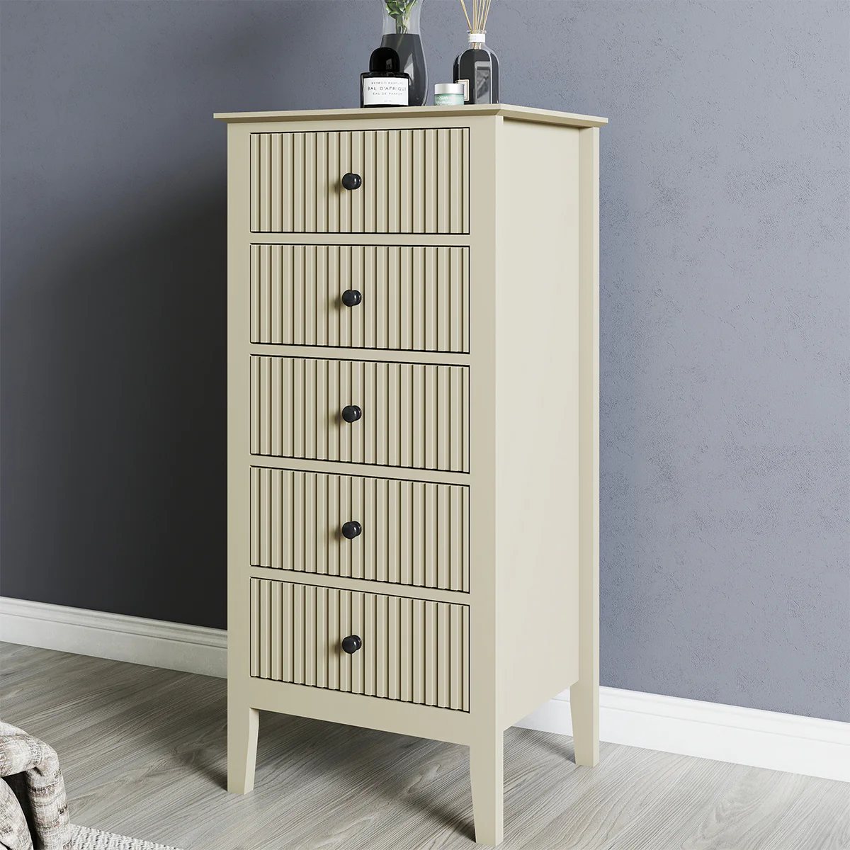 Tall 5 Drawer Bedside Table - Hales Taupe Range - Image 4