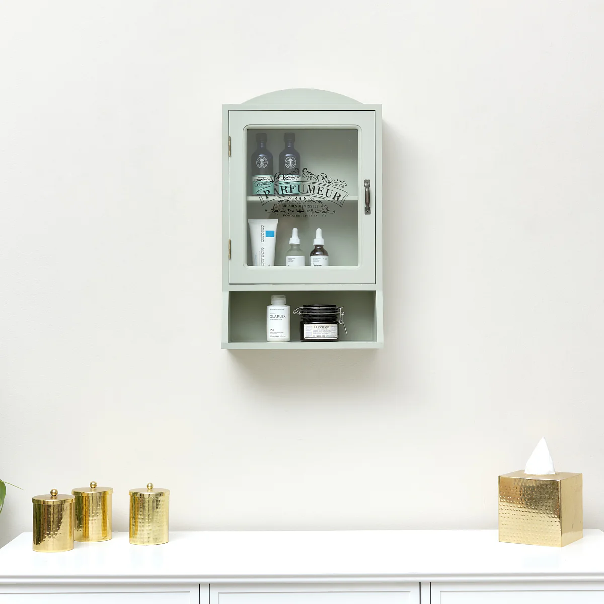 Vintage Style Sage Green Glass Fronted Wall Cabinet 54cm x 32cm - Image 2