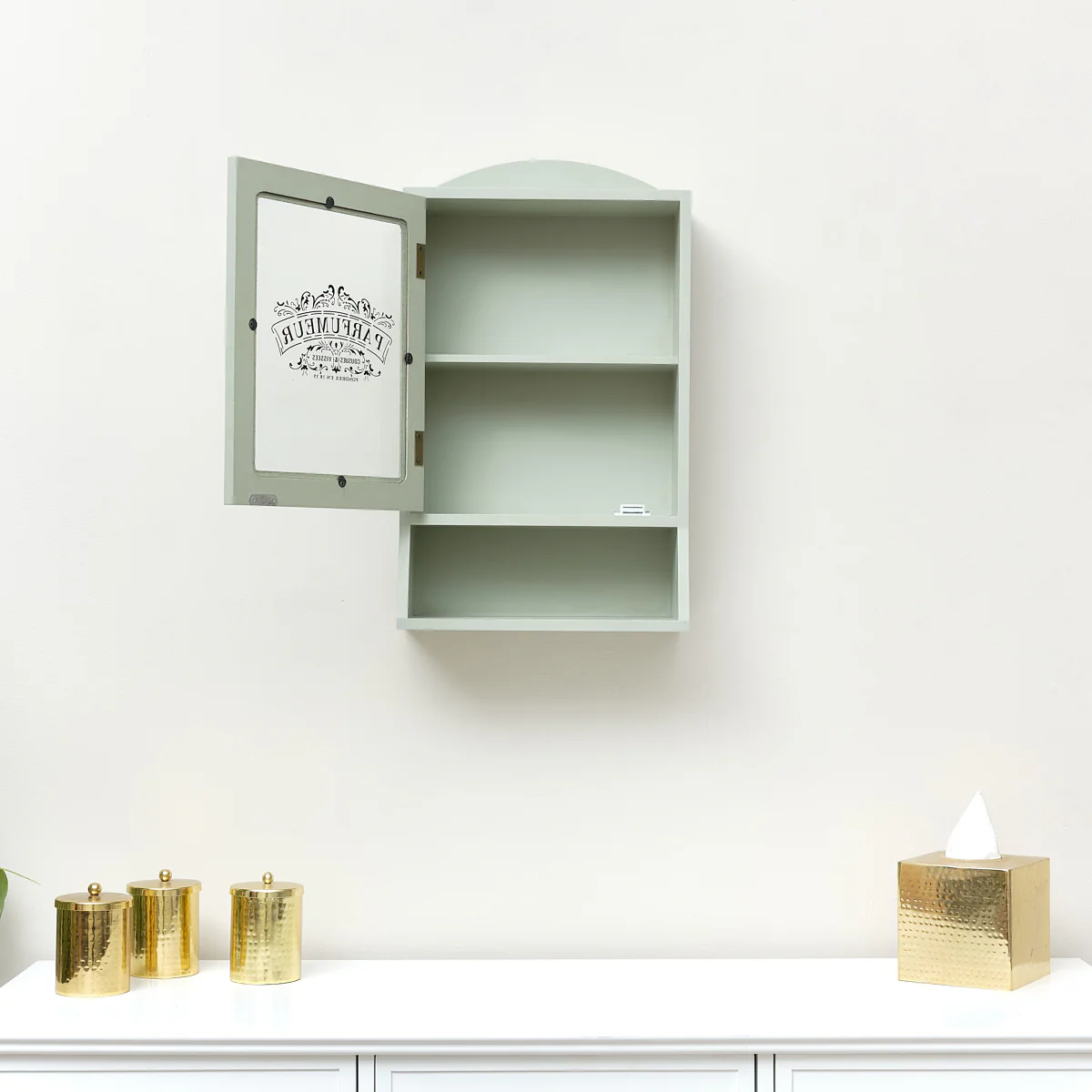 Vintage Style Sage Green Glass Fronted Wall Cabinet 54cm x 32cm - Image 5