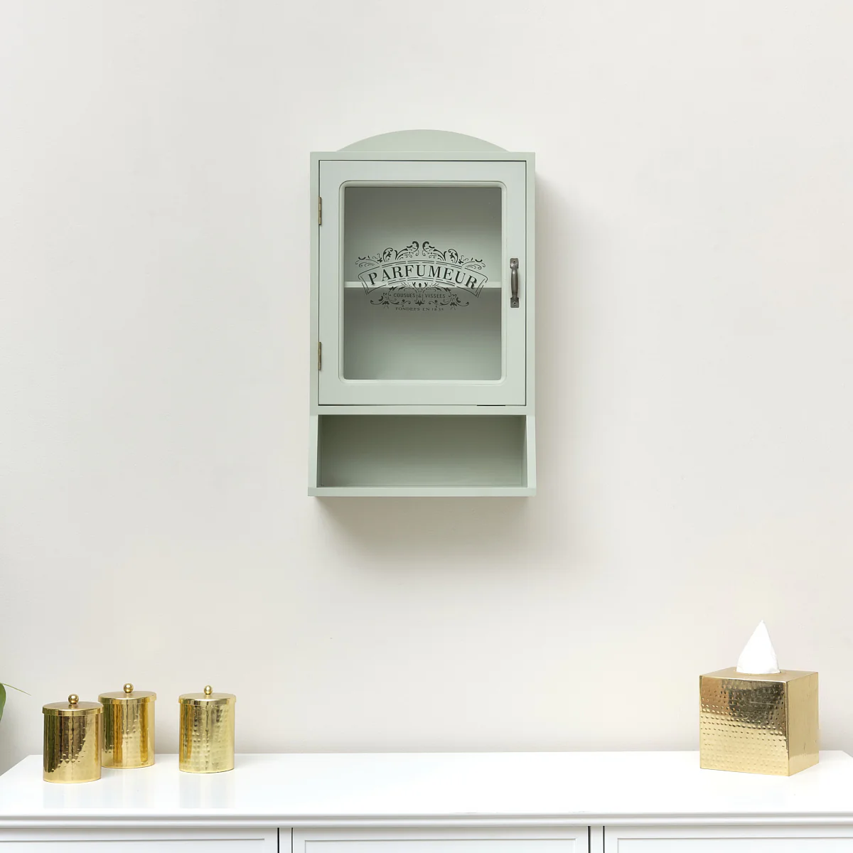 Vintage Style Sage Green Glass Fronted Wall Cabinet 54cm x 32cm - Image 6