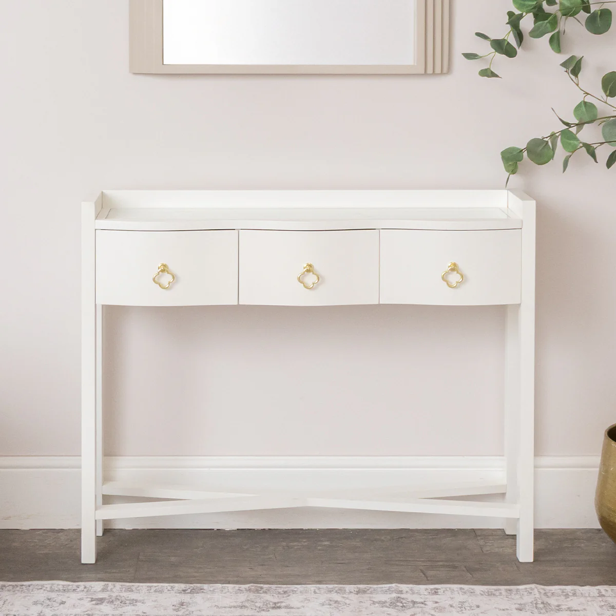 White Painted Curved 3 Drawer Console Table with Glass Top - Austin White Range - Image 7