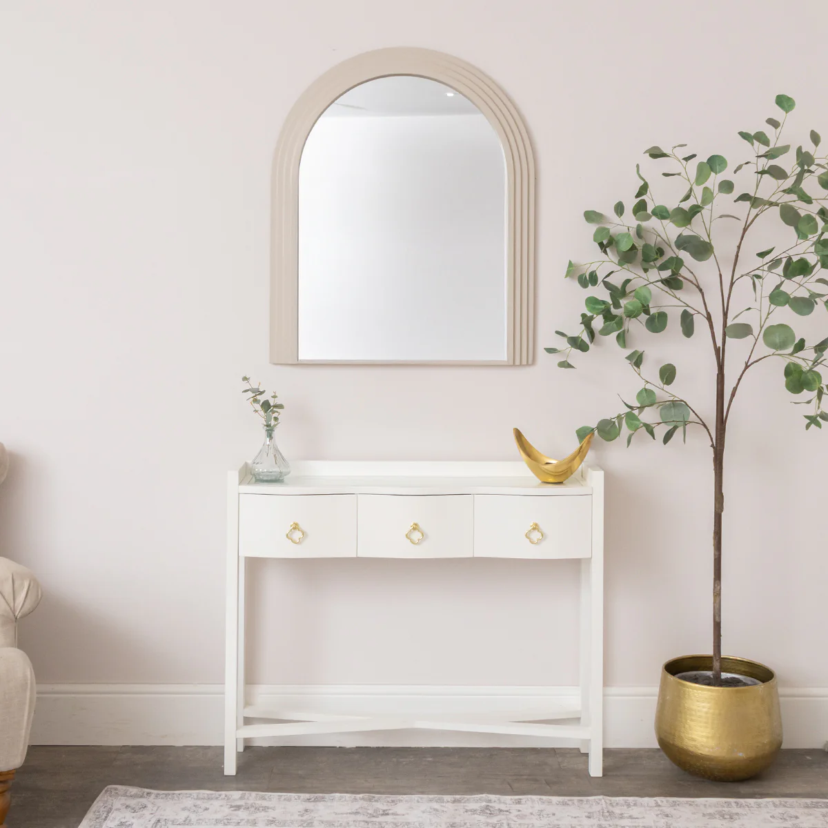 White Painted Curved 3 Drawer Console Table with Glass Top - Austin White Range - Image 8