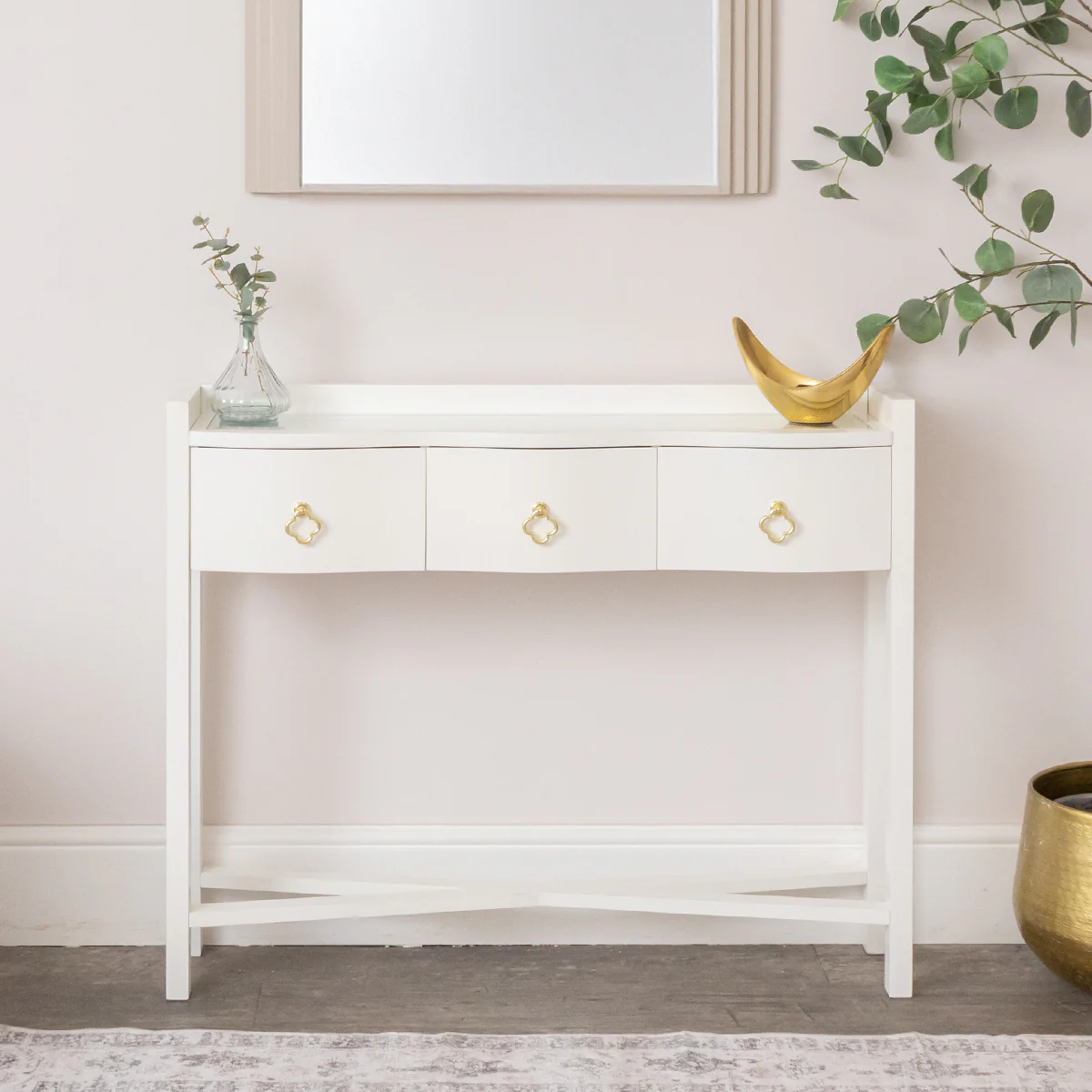White Painted Curved 3 Drawer Console Table with Glass Top - Austin White Range - Image 9