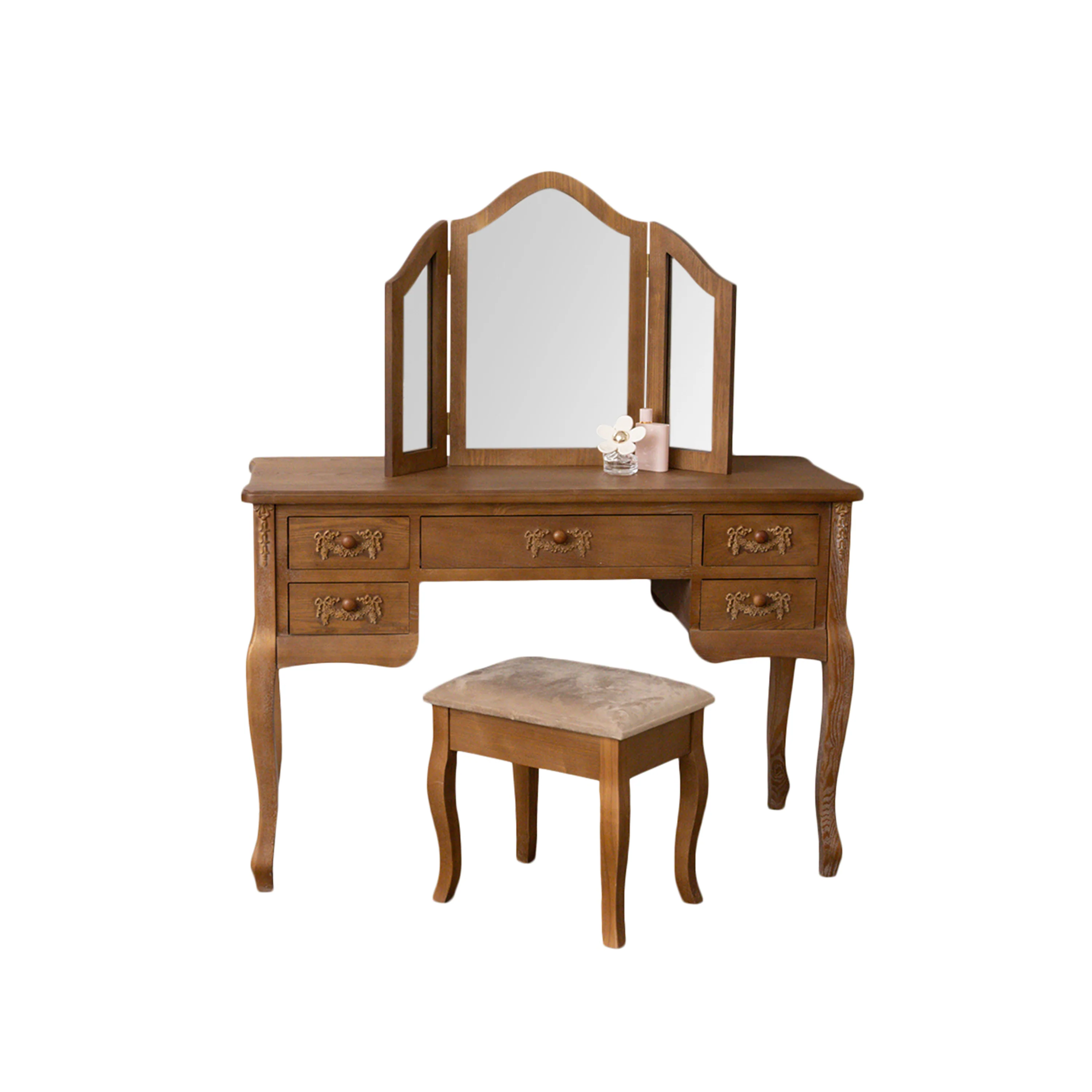 Wooden Dressing Table Desk with Triple Mirror and Stool - Pays Du Bois Range - Image 11