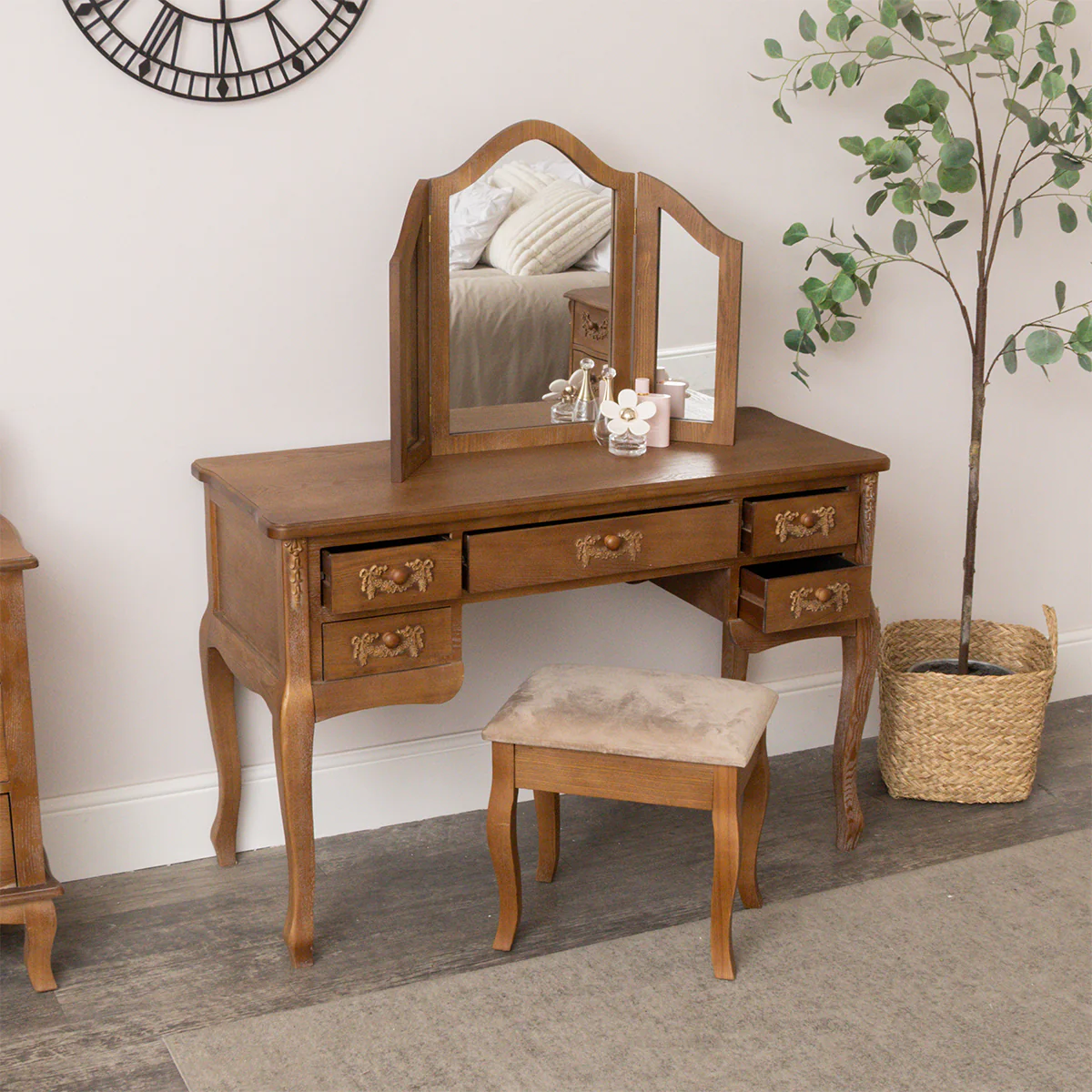 Wooden Dressing Table Desk with Triple Mirror and Stool - Pays Du Bois Range - Image 2