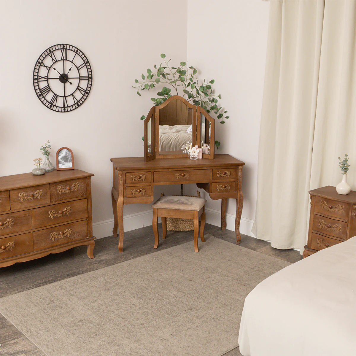 Wooden Dressing Table Set, 7 Drawer Chest of Drawers & Pair of 3 Drawer Bedside Tables - Pays Du Bois Range - Image 9