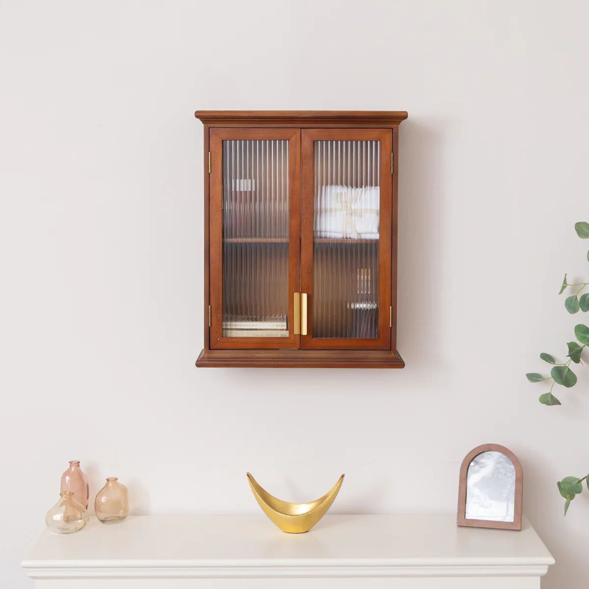 Wooden Reeded Glass Wall Cabinet - Image 7